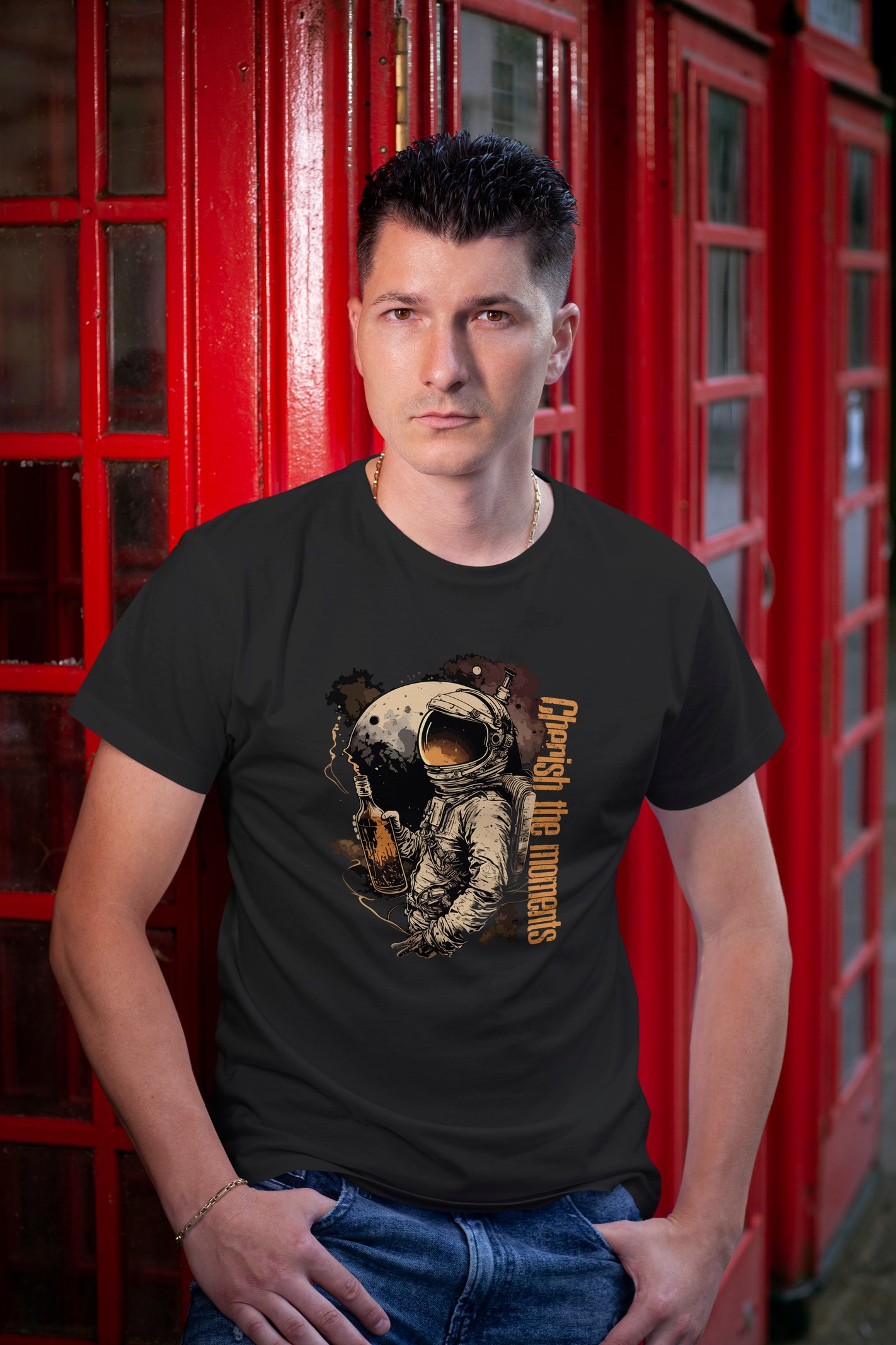 Cherish the Moments Astronot Dijital Baskı  Unisex Siyah T-Shirt