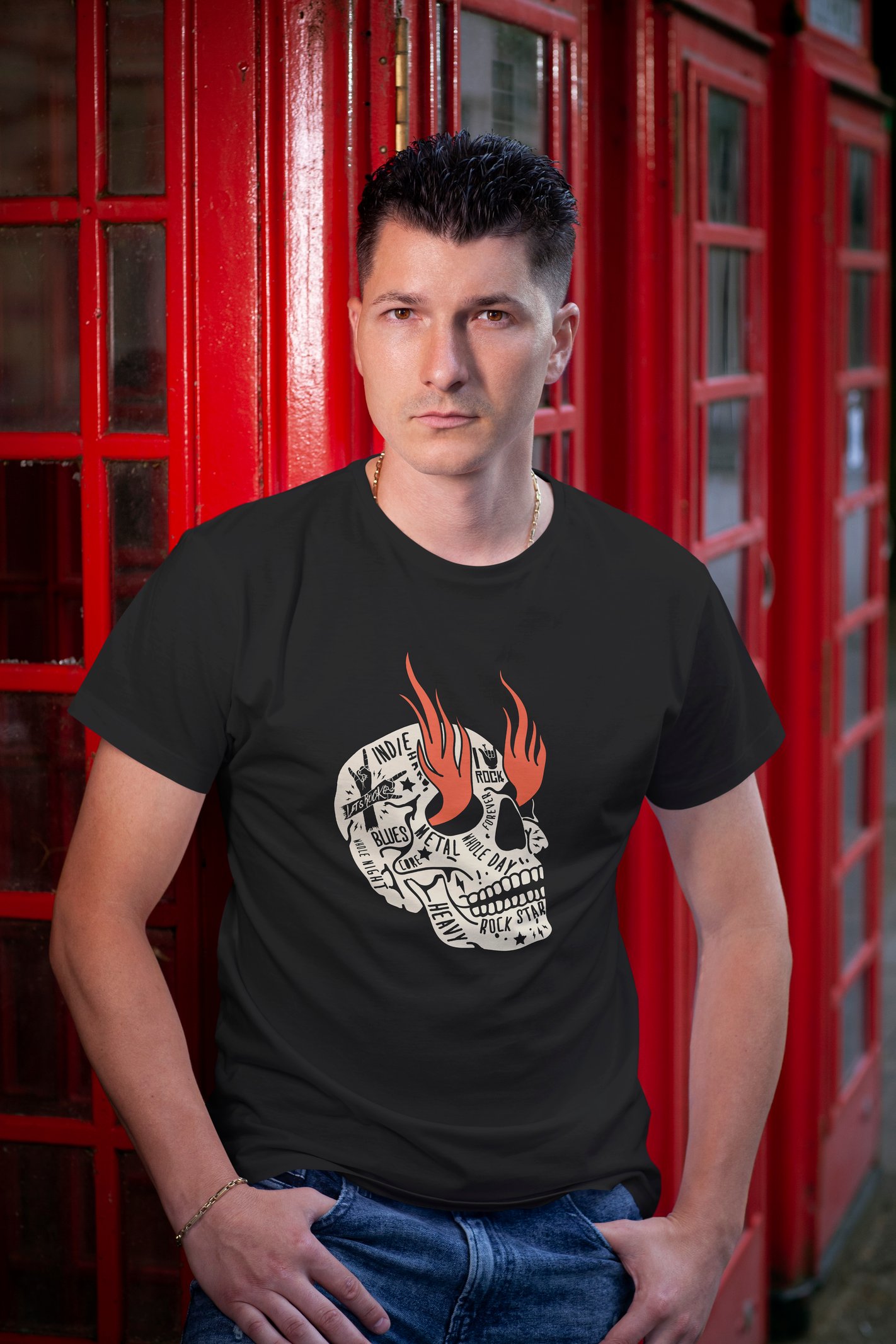 Skull Fire Dijital Baskılı Siyah Tişört