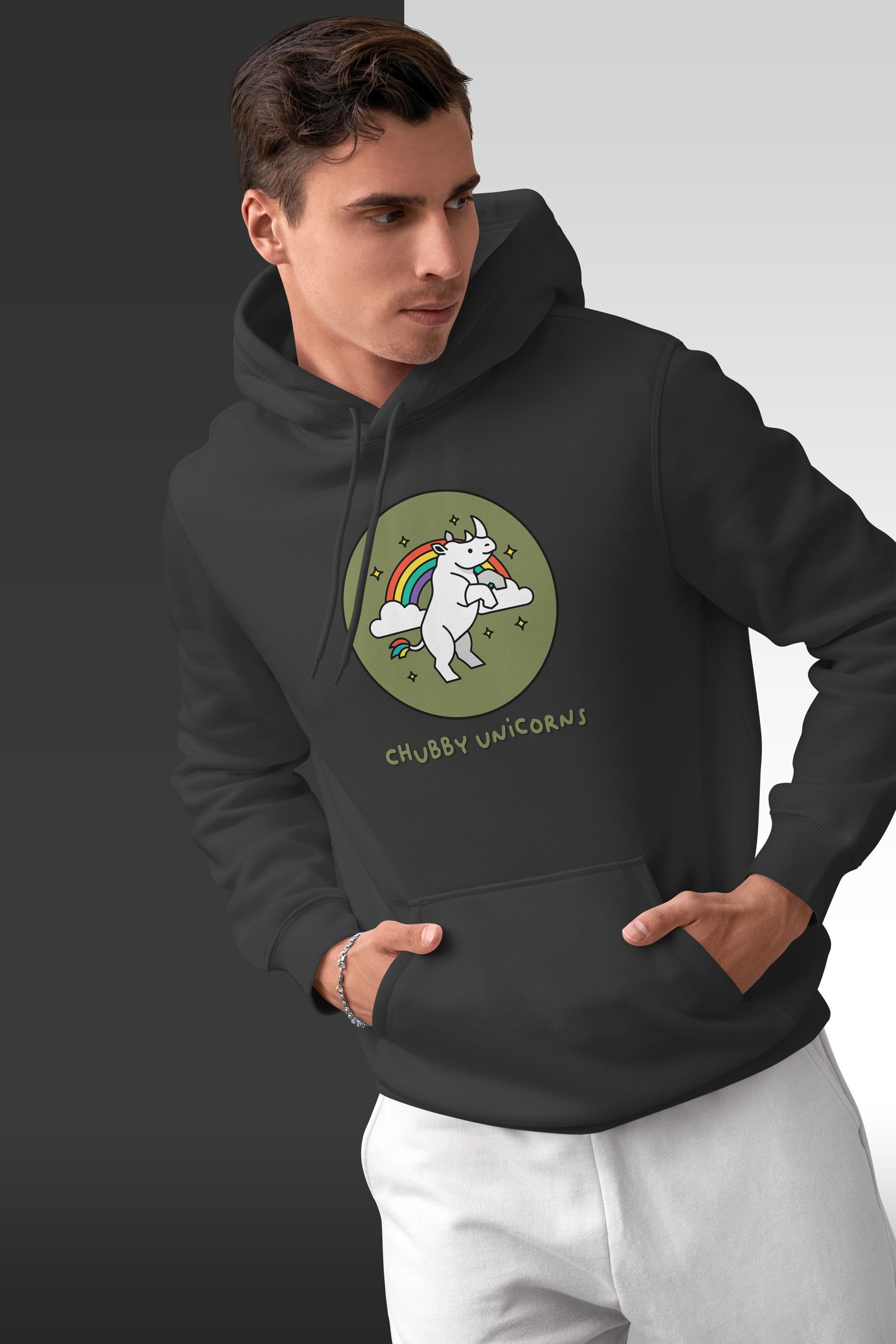 Chubby Unicorn Dijital Baskı Siyah Kapüşonlu Sweatshirt