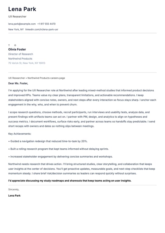 UX Researcher Cover Letter Example