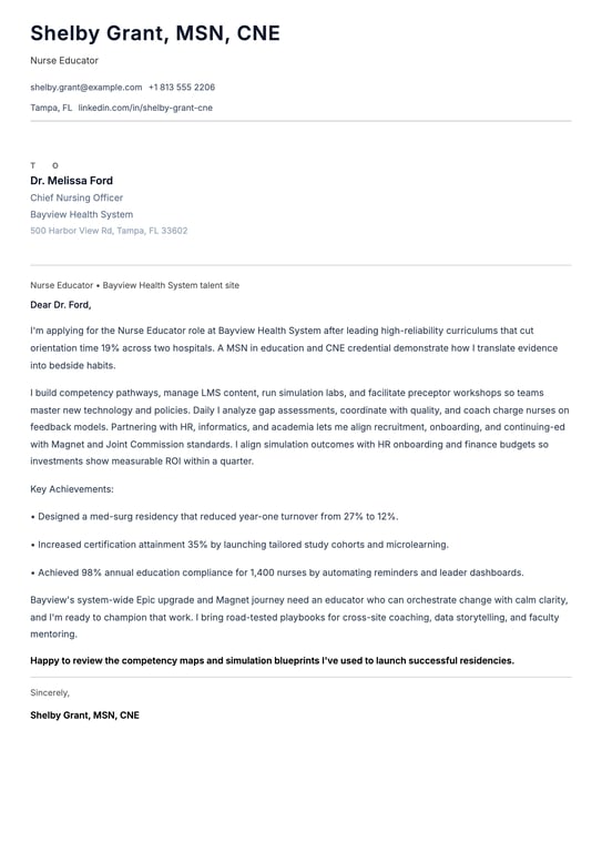 Nurse Educator Cover Letter Example