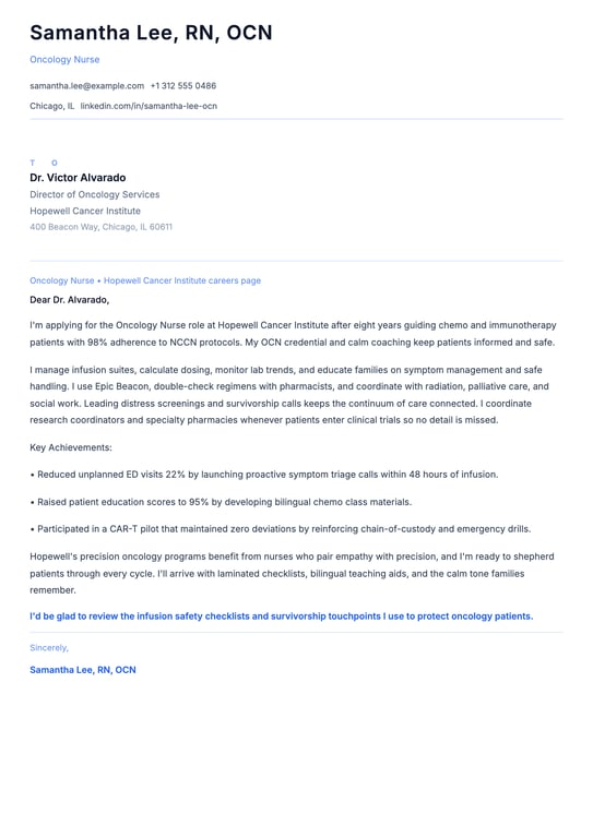 Oncology Nurse Cover Letter Example