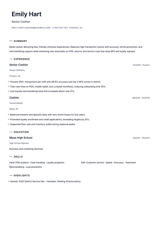 Cashier Resume Example