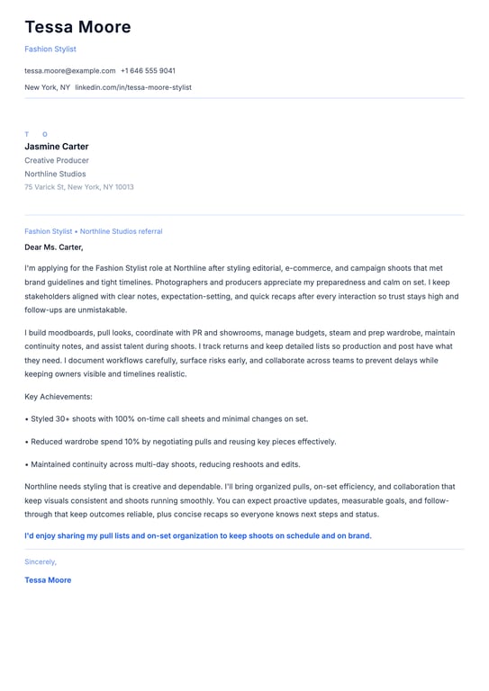 Fashion Stylist Cover Letter Example
