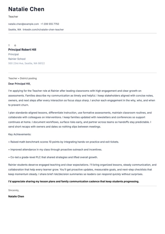 Teacher Cover Letter Example