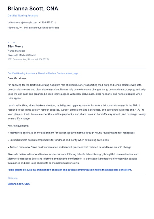 Certified Nursing Assistant Cover Letter Example