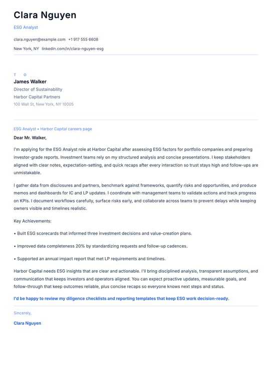 ESG Analyst Cover Letter Example