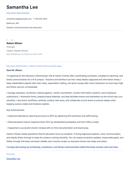 Education Administrator Cover Letter Example
