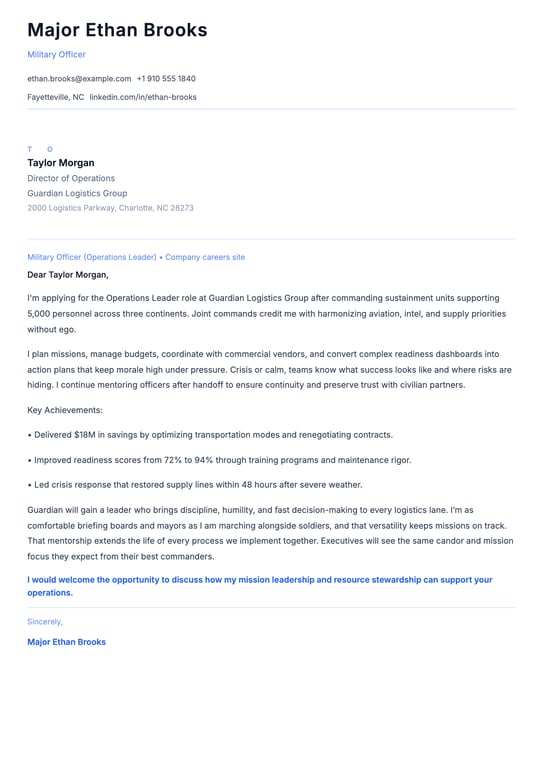 Military Officer Cover Letter Example