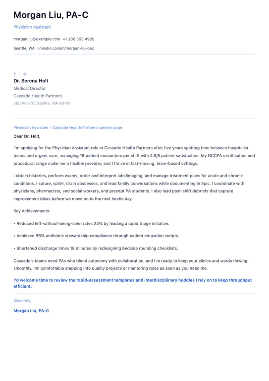 Physician Assistant Cover Letter Example