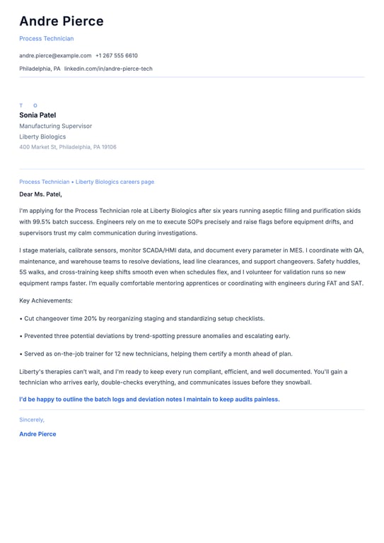 Process Technician Cover Letter Example
