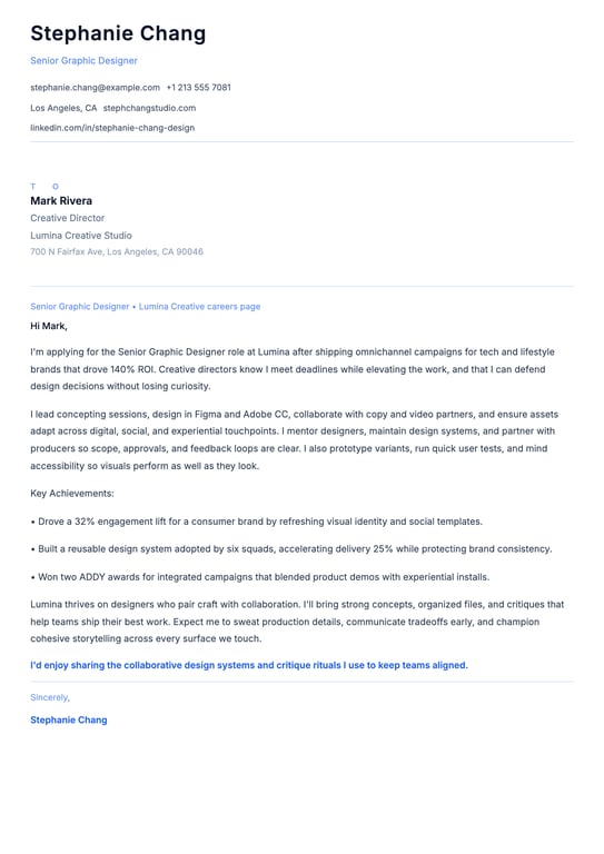 Senior Graphic Designer Cover Letter Example