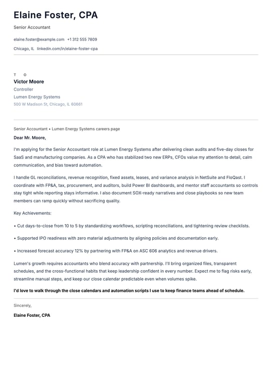 Senior Accountant Cover Letter Example