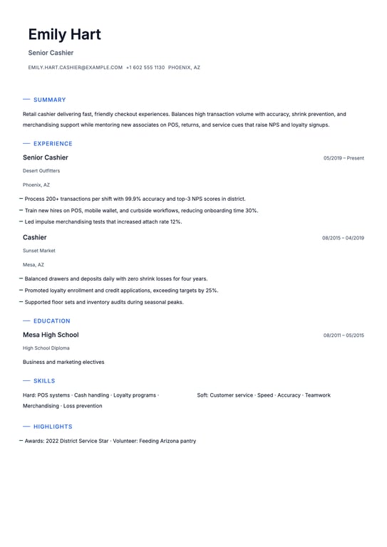 Cashier Resume Example