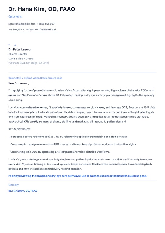 Optometrist Cover Letter Example