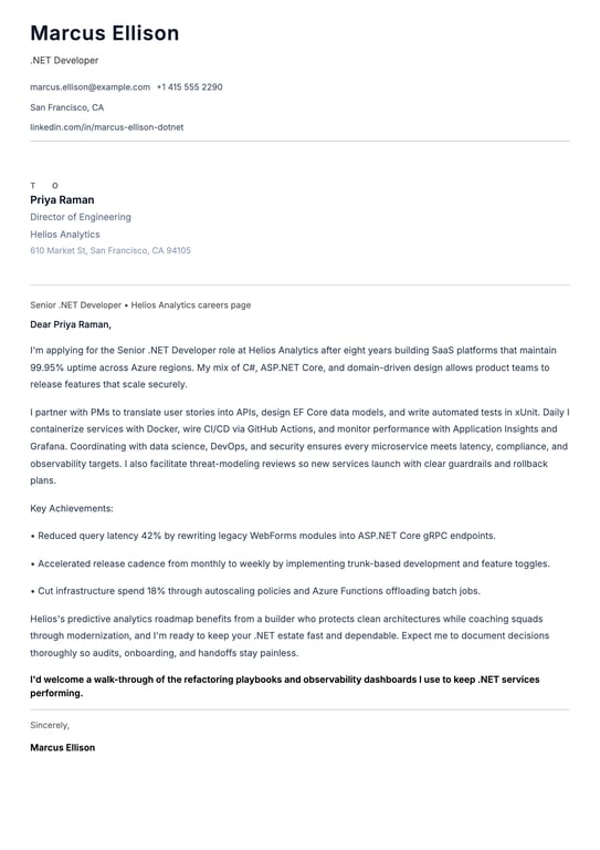.NET Developer cover letter example