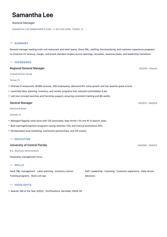 General Manager Resume Example