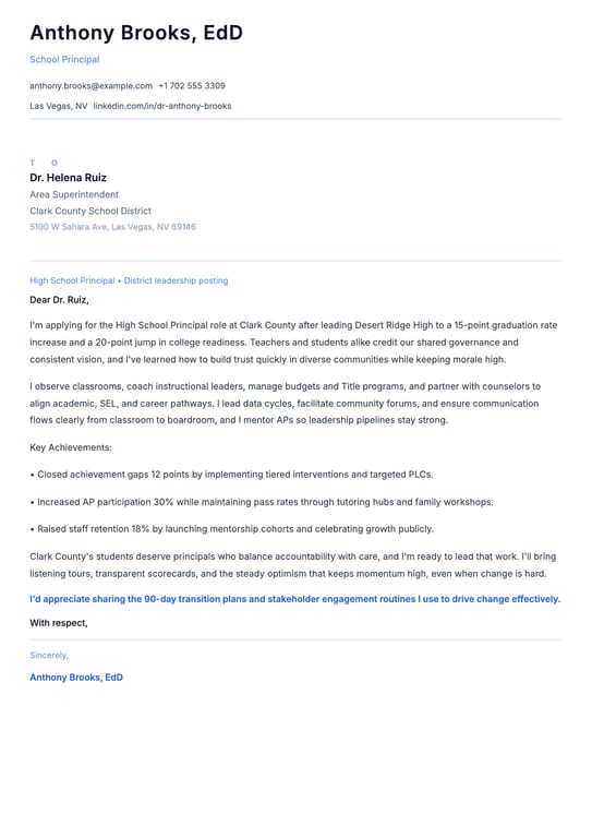 School Principal Cover Letter Example