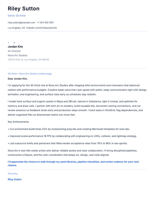 3D Artist cover letter example
