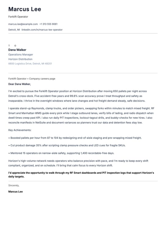 Forklift Operator Cover Letter Example