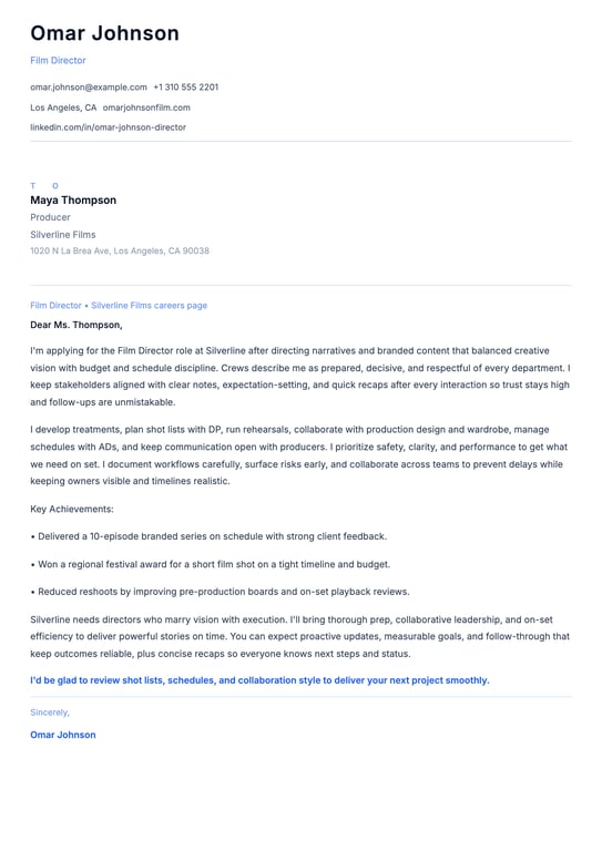 Film Director Cover Letter Example