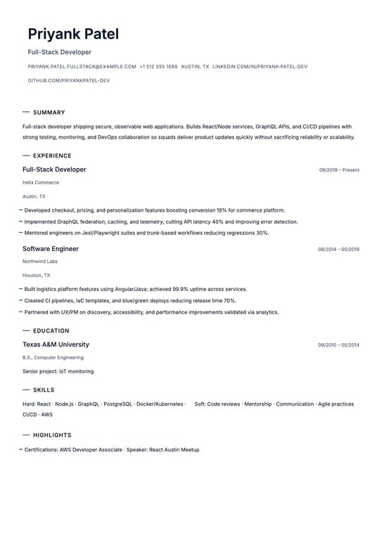 Full Stack Developer Resume Example