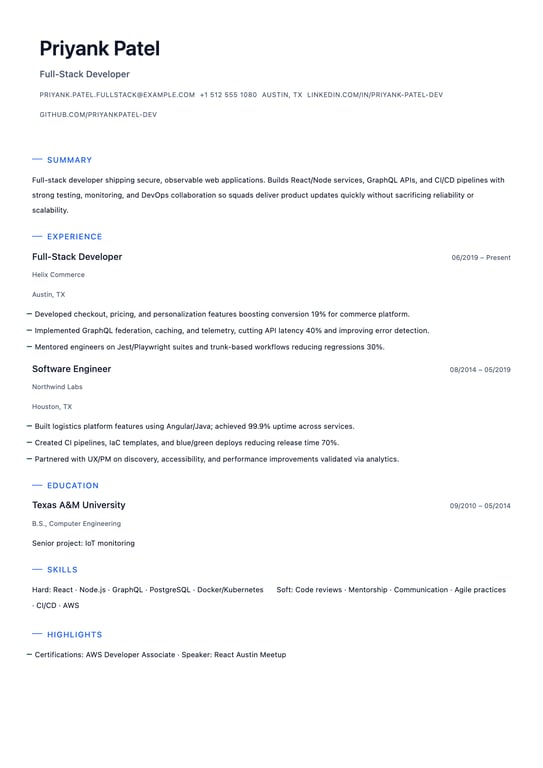 Full Stack Developer Resume Example