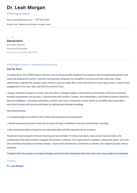 STEM Program Director Cover Letter Example