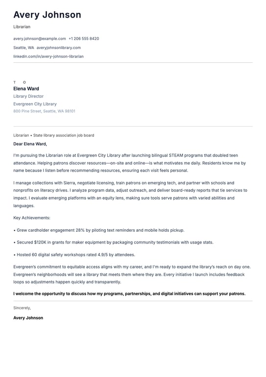 Librarian Cover Letter Example
