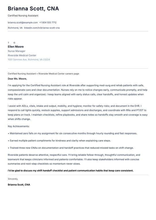 Certified Nursing Assistant Cover Letter Example