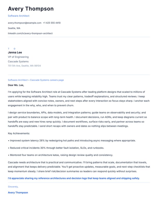 Software Architect Cover Letter Example