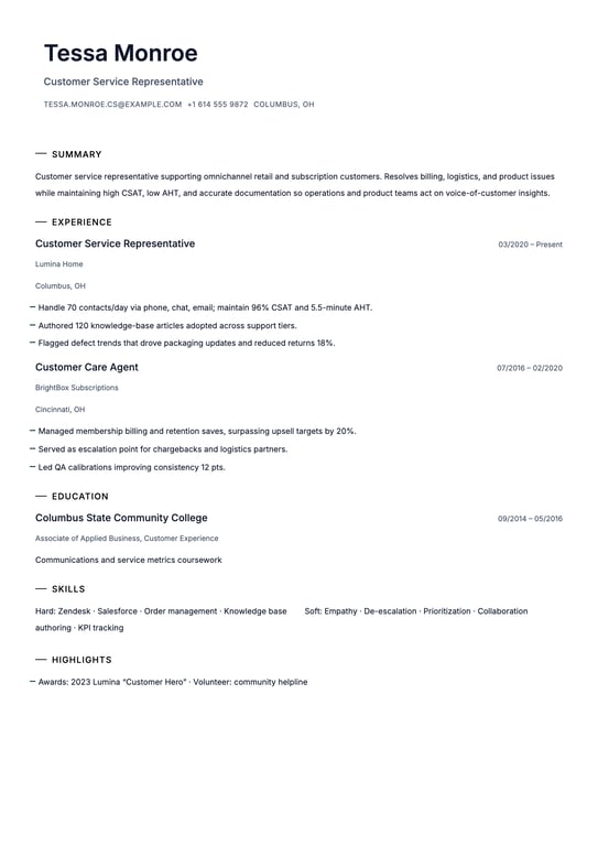 Customer Service Representative Resume Example