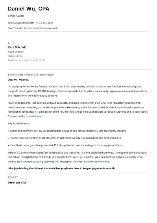 Senior Auditor Cover Letter Example
