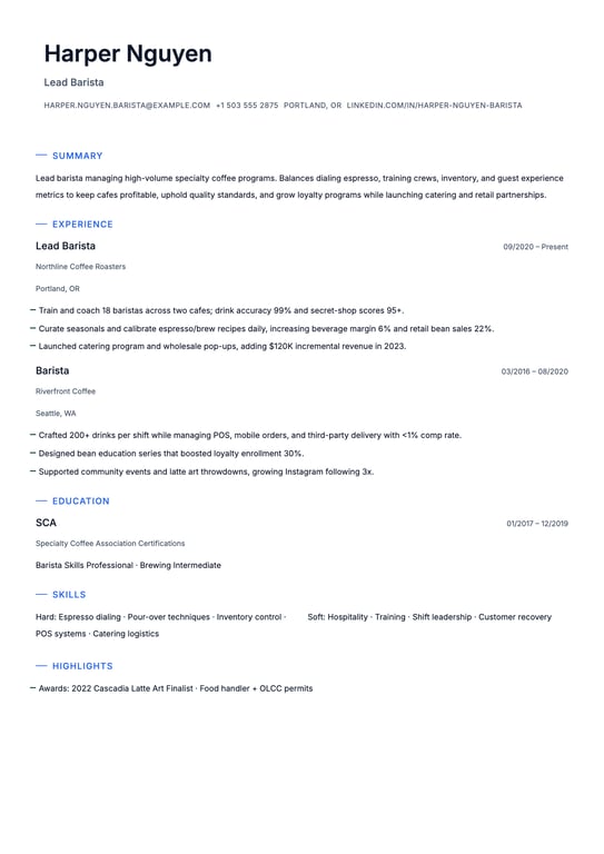 Barista Resume Example