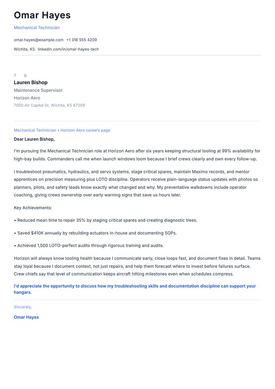 Mechanical Technician Cover Letter Example