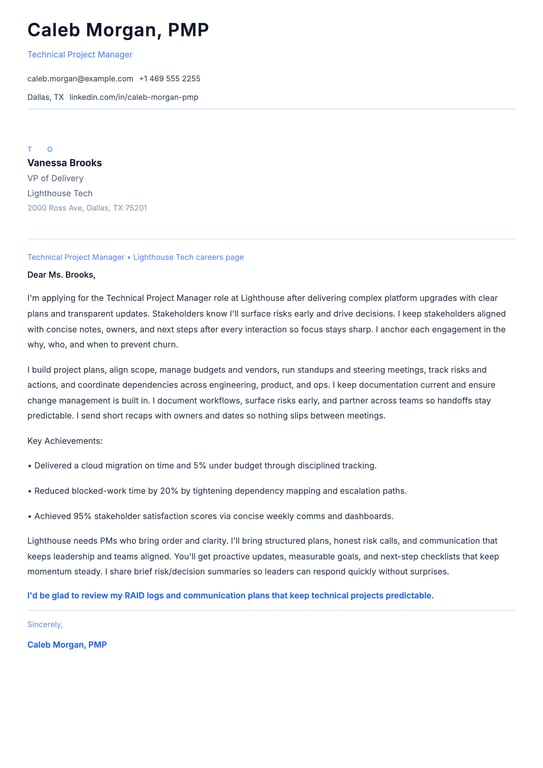 Technical Project Manager Cover Letter Example