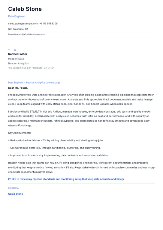 Data Engineer Cover Letter Example