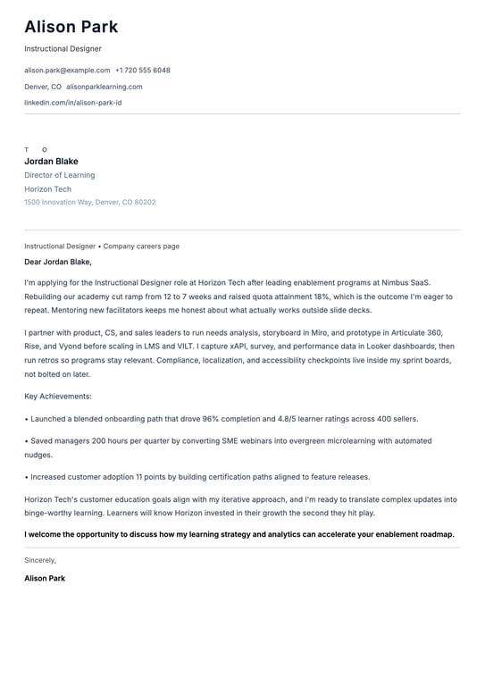 Instructional Designer Cover Letter Example