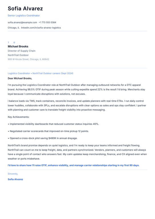 Logistics Coordinator Cover Letter Example