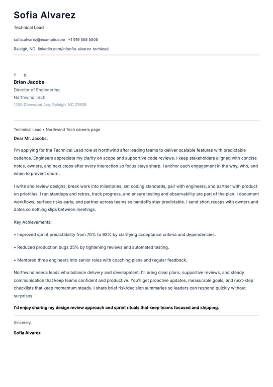 Technical Lead Cover Letter Example