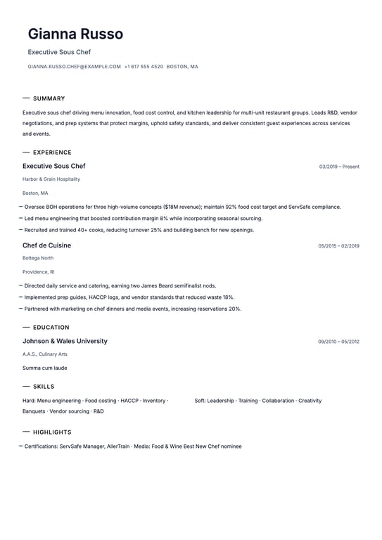 Chef Resume Example
