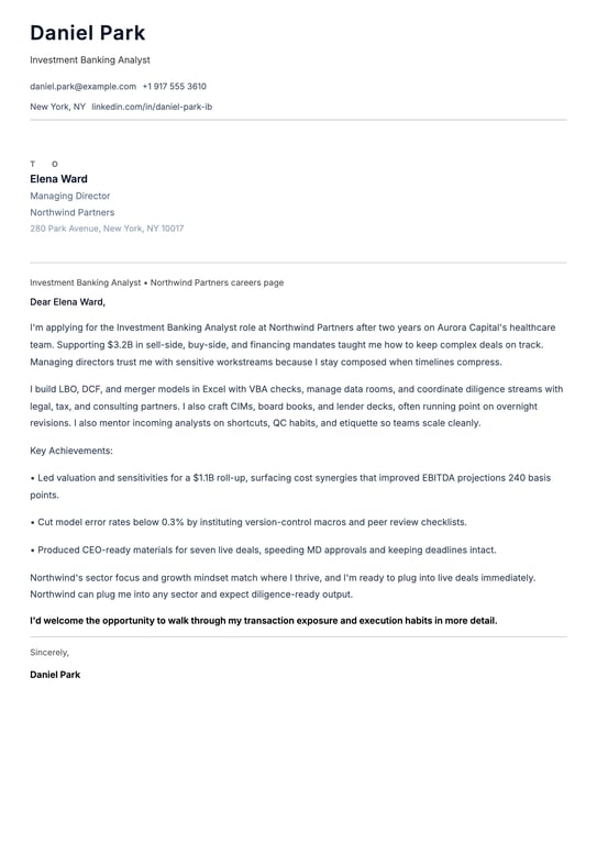 Investment Banking Analyst Cover Letter Example