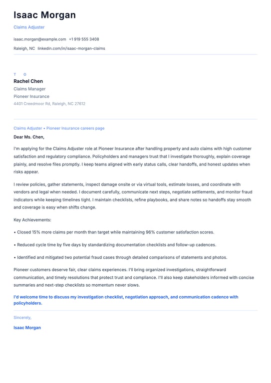 Claims Adjuster Cover Letter Example