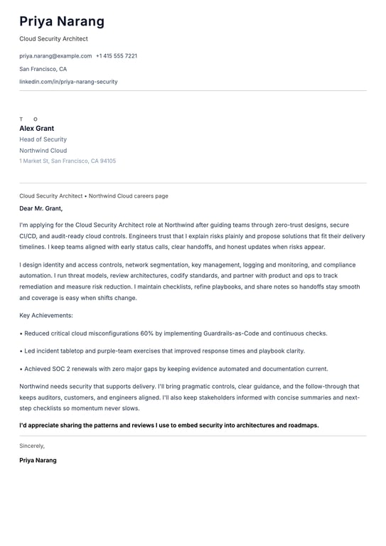 Cloud Security Architect Cover Letter Example