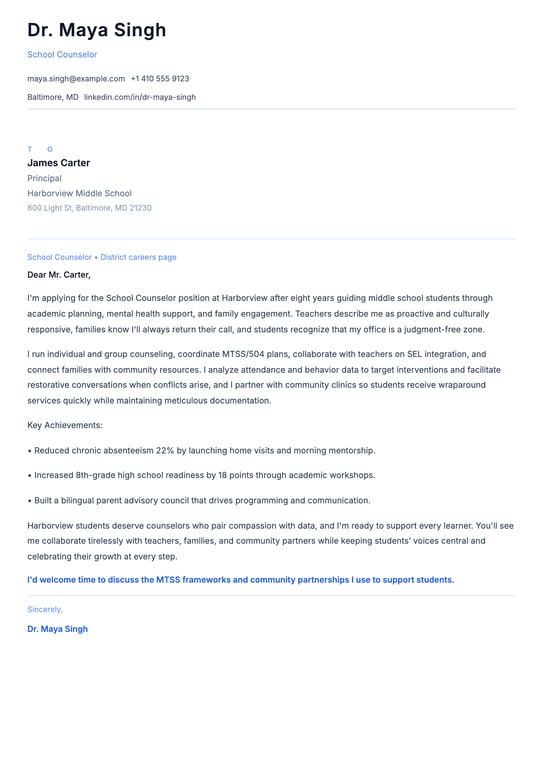 School Counselor Cover Letter Example