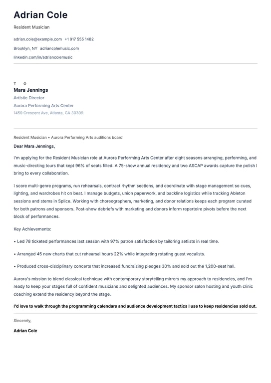 Musician Cover Letter Example
