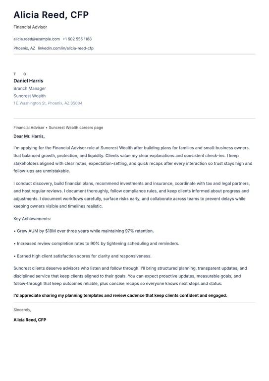 Financial Advisor Cover Letter Example
