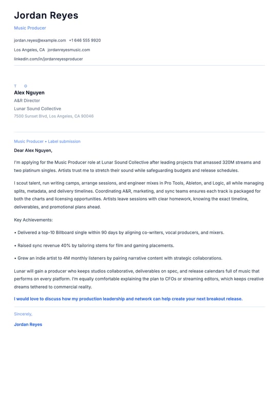 Music Producer Cover Letter Example