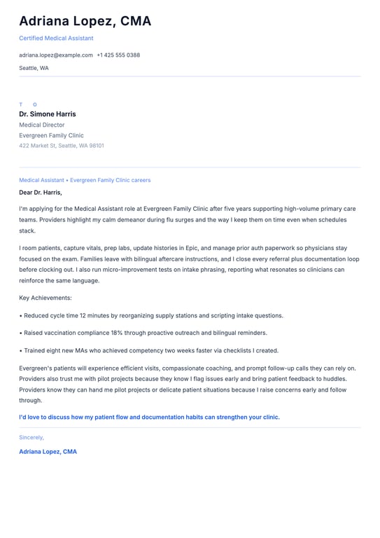 Medical Assistant Cover Letter Example