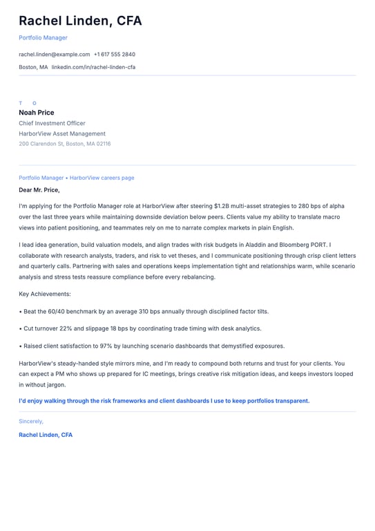 Portfolio Manager Cover Letter Example